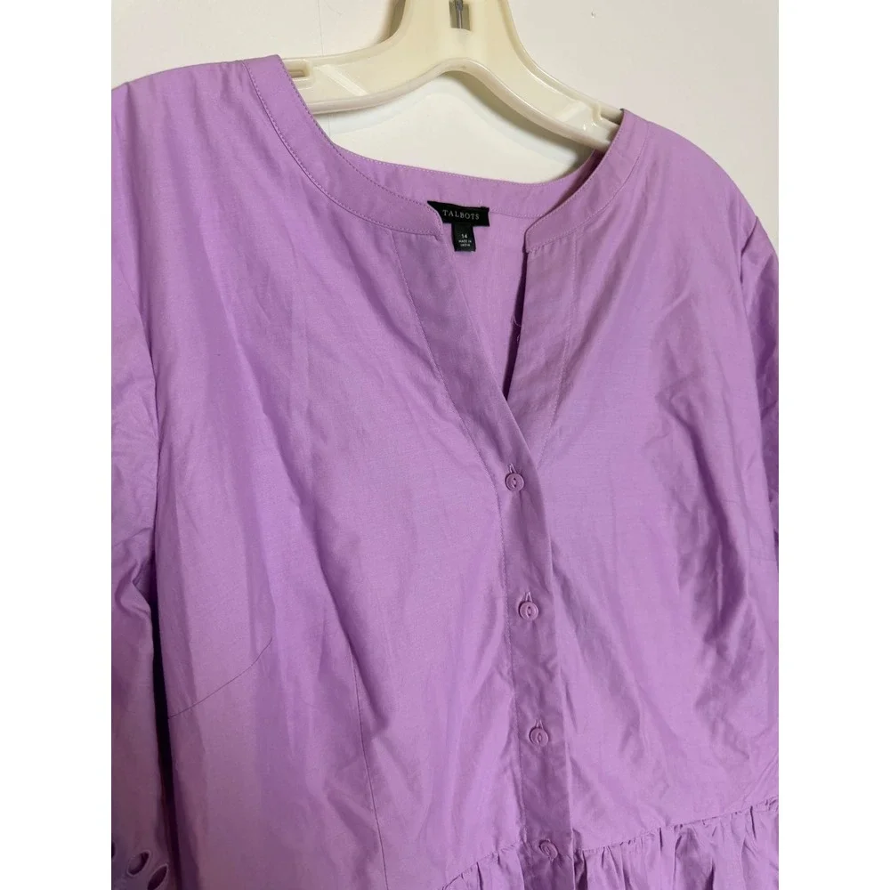 Talbots Purple Cotton Eyelet Midi Shirtdress Lavender boho quiet luxury 14 - Picture 10 of 12